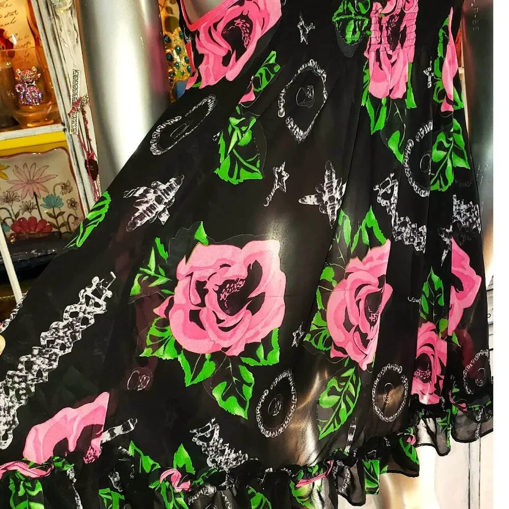 Vintage Betsey Johnson Slip Dress Y2K Black Floral Rose Jewelry Print Babydoll S - Picture 14 of 15